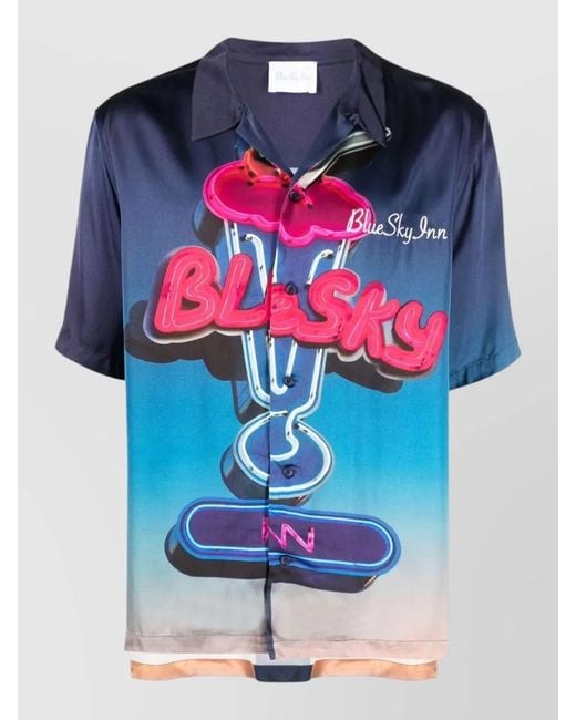BLUE SKY INN Blue Viscose Shirt Camp Collar Graphic Print for men