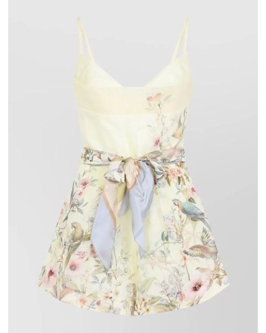 Zimmermann White Silk Linen Printed Fitted Playsuit
