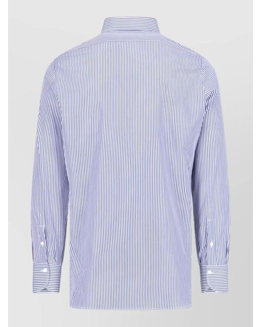 Finamore 1925 Blue Button Down Collar Striped Long Sleeve Shirt for men