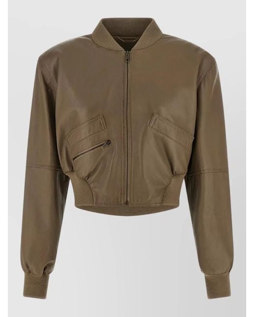 Chloé Green Short Leather Jacket Ribbed Trim Pockets