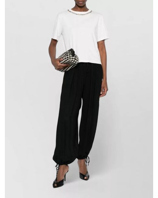 ERMANNO FIRENZE White Crew Neck Top Embellished Neckline Short Sleeves