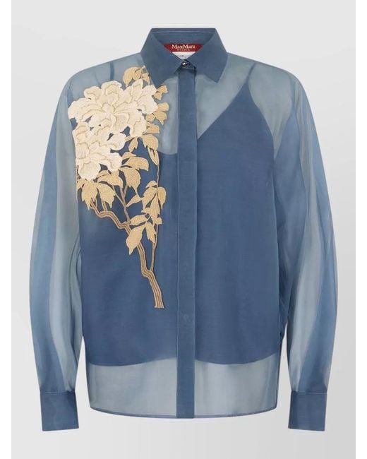 Max Mara Blue Silk Shirt Relaxed Fit Floral Embroidery