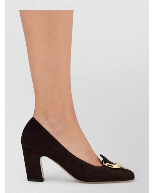 Ferragamo Brown Leather Block Heel Pumps