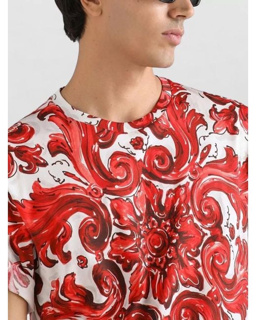 Dolce & Gabbana Red Majolica Print Cotton Jersey Crew T Shirt for men