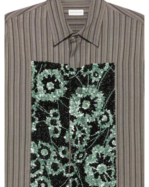 Dries Van Noten Gray Floral Stripe Shirt Long Sleeves for men
