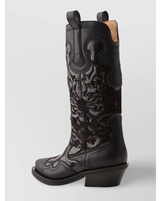 Ganni Black Leather Embroidered Western Mid-Calf Boots