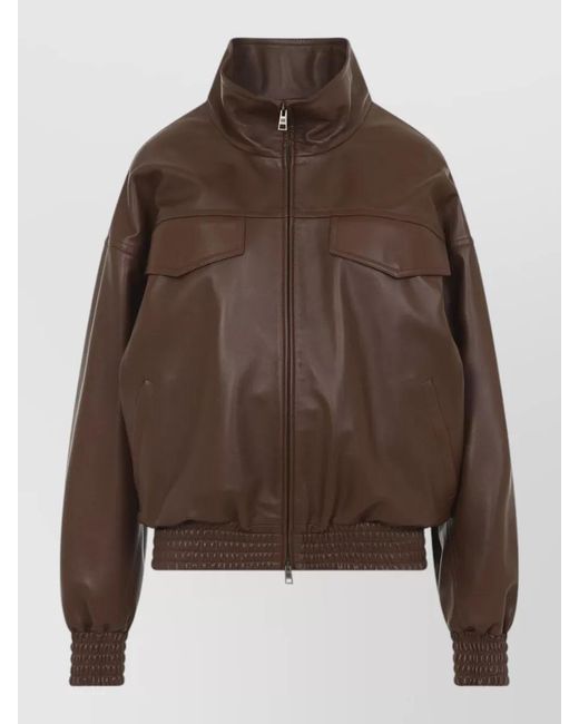 Balenciaga Brown High Collar Leather Bomber Jacket Coat