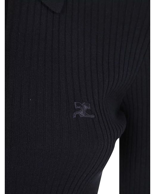 Courreges Blue Ribbed Knit Long Sleeve Polo Top