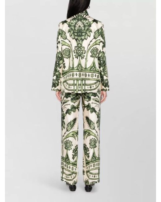 F.R.S For Restless Sleepers Green Silk Shirt Floral Pattern Front Pockets