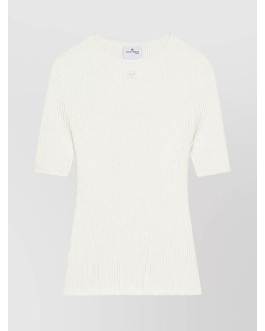 Courreges White Crewneck Ribbed Knitwear Short Sleeves