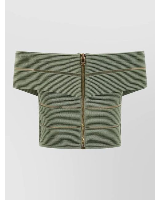 Balmain Green Off Shoulder Ribbed Cropped Knit Top