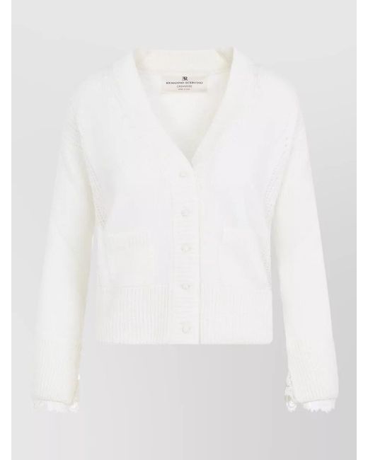 Ermanno Scervino White Lace Trim V Neck Chunky Knit Cardigan