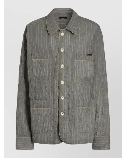 Dolce & Gabbana Gray Pinstripe Crinkled Shirt Jacket Chest Pockets for men