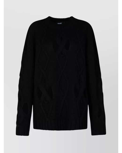 Versace Wool Blend Cable Knit Sweater in Black for Men | Lyst