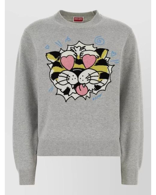 KENZO Gray Wool Blend Crew Neck Long Sleeve Sweatshirt