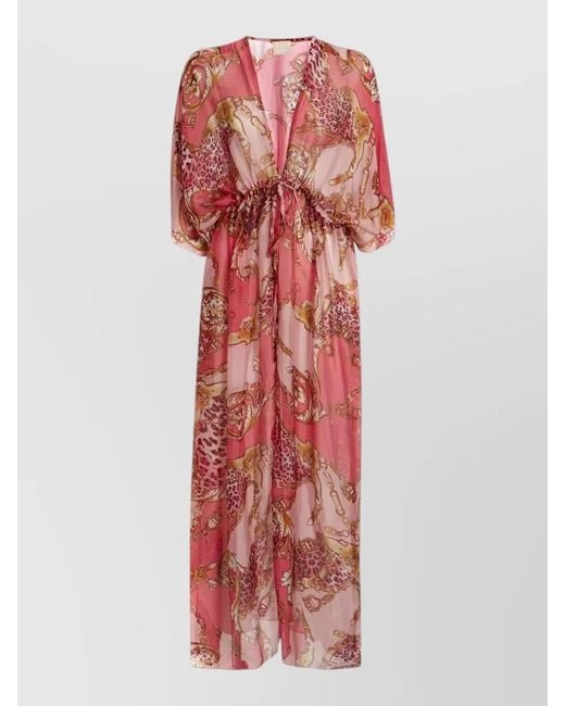 Guess Red Dress Bold Print Kimono Sleeves Sheer Waist Tie V Neckline