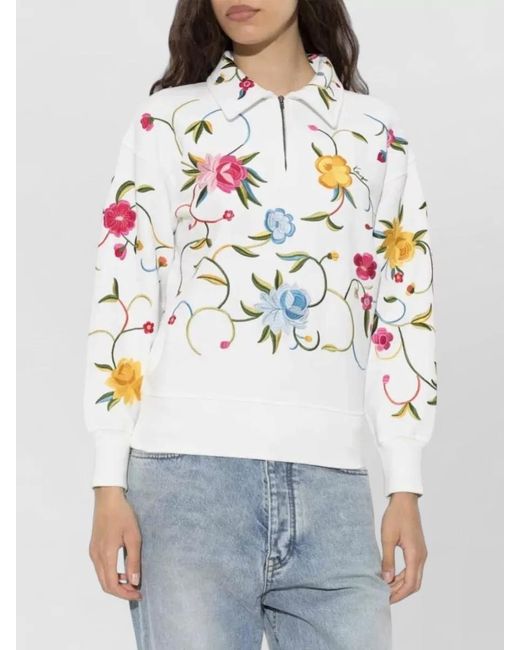KENZO White Floral Embroidery Cotton Quarter Zip Polo Sweatshirt
