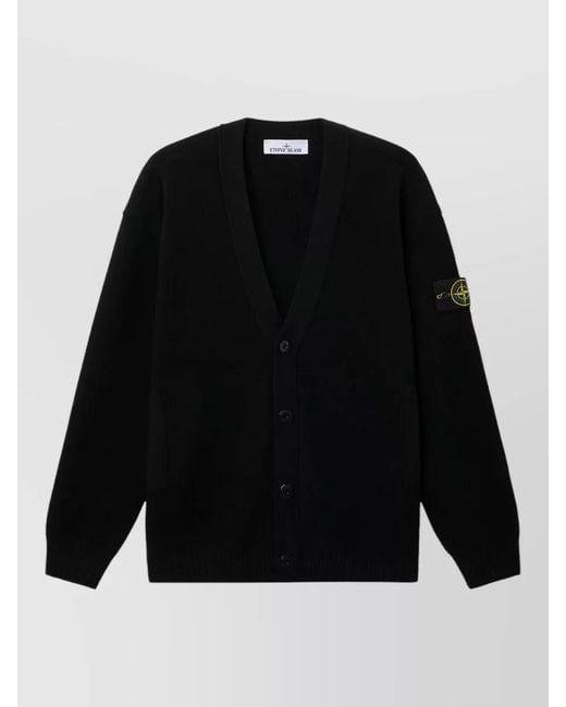 Stone Island Black Knit Cardigan V Neck Long Sleeves Pockets for men