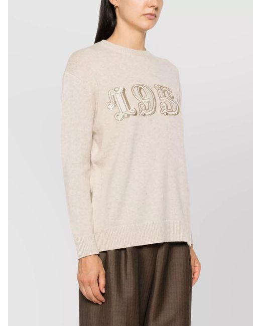 Max Mara Natural Cashmere Wool Fine-Knit Sequin Long-Sleeve Crew-Neck Jumper