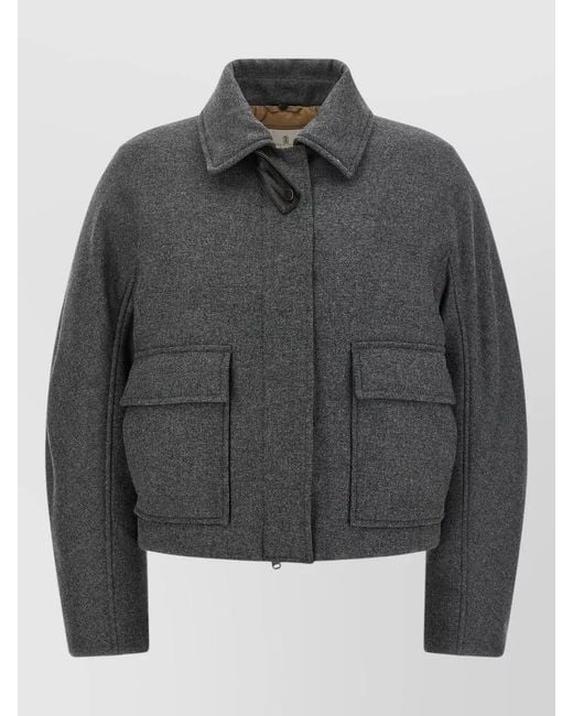 Brunello Cucinelli Gray Shearling Collar Cropped Wool Cashmere Jacket