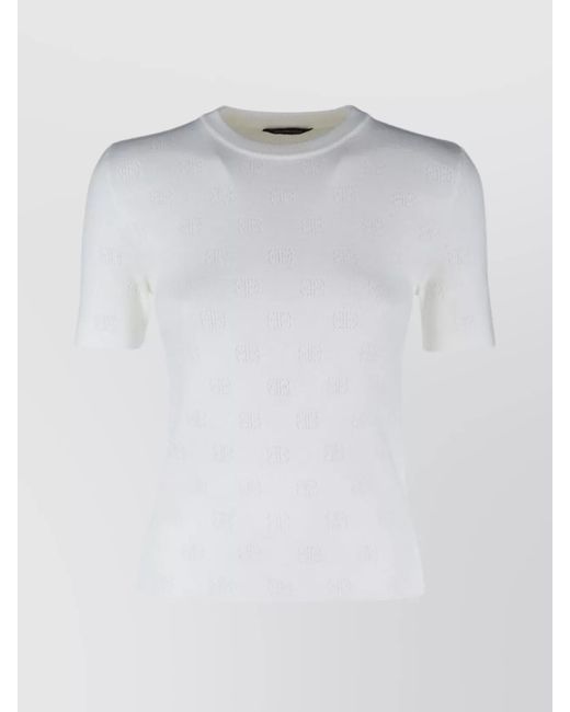Balenciaga White Open-Knit Wool Monogram Crew-Neck Short-Sleeve Knitted Top