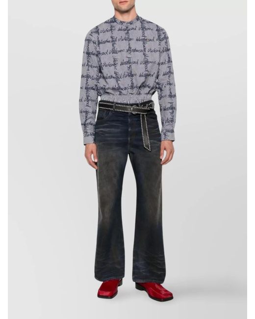 Vivienne Westwood Blue Checked Logo Print Long Sleeve Mock Neck Shirt for men