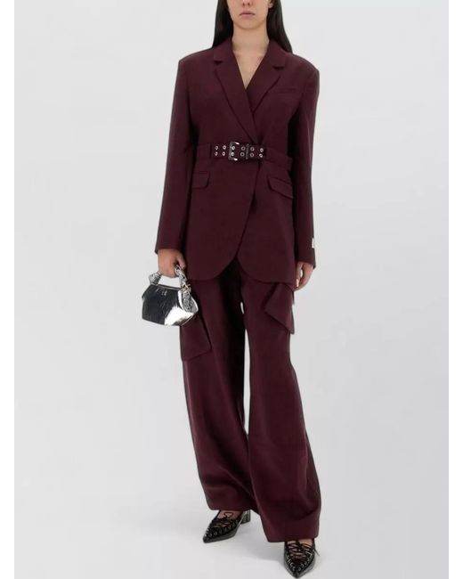 Ganni Red Crepe Blazer Belted Waist Long Sleeves