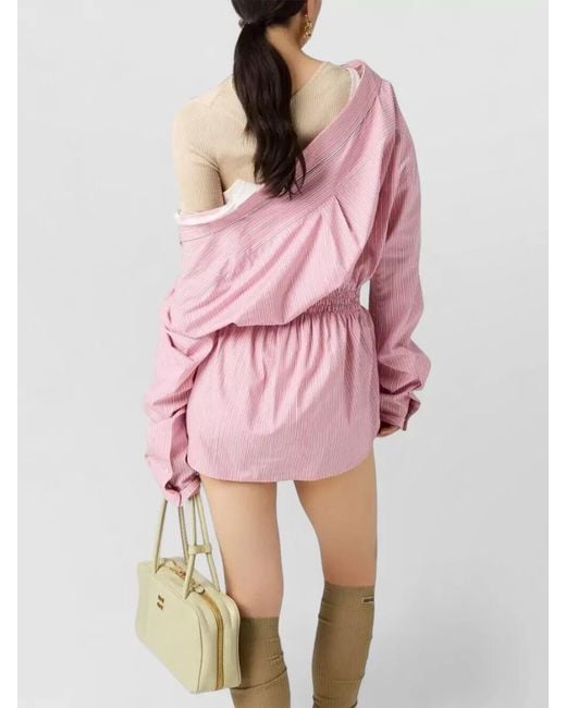 Miu Miu Pink Striped Cotton Off-Shoulder Shirt Mini Dress
