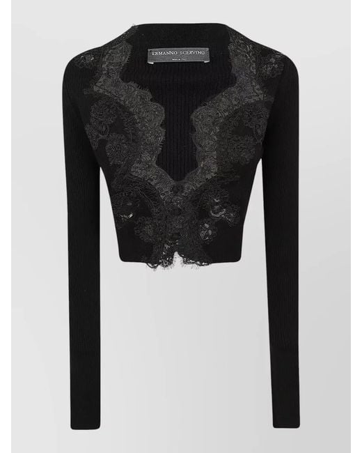 Ermanno Scervino Black Cropped Cardigan Lace Detail Long Sleeves