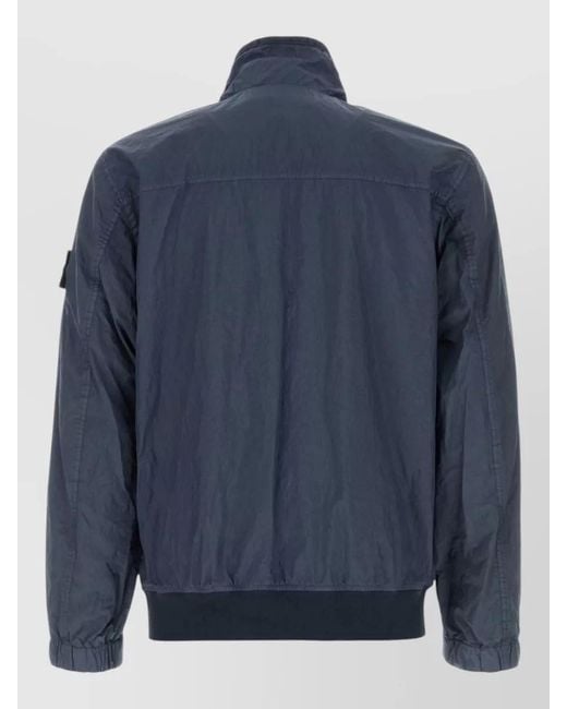 Stone Island Blue Nylon Bomber Jacket Elastic Cuffs Stand Collar for men