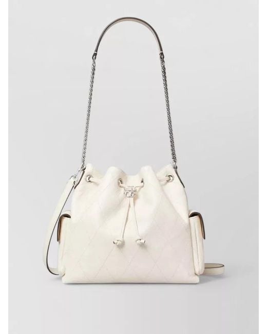 Tory Burch Natural Charlie Quilted Calfskin Drawstring Bucket Bag