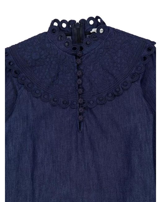 Zimmermann Blue Denim Broderie High-Neck Mini Dress