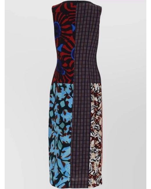 Dries Van Noten Blue Patchwork Sleeveless Dress Side Draped Detail