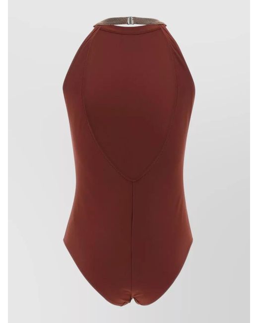 Brunello Cucinelli Red Precious Collar Halter Swimsuit Back Cutout