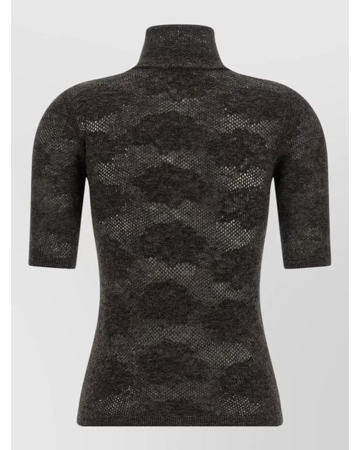 Brunello Cucinelli Black High Neck Short Sleeve Openwork Knit Sweater