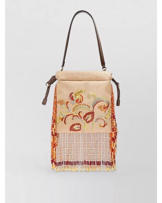 Etro White Small Tote Bag Beaded Fringe Floral