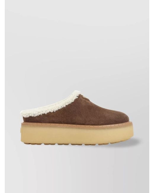 Prada Brown Shearling Trim Suede Mule Platform