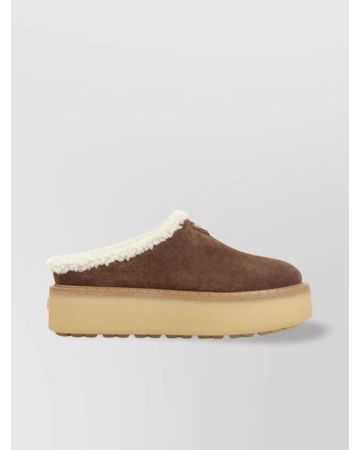 Prada Brown Shearling Trim Suede Mule Platform