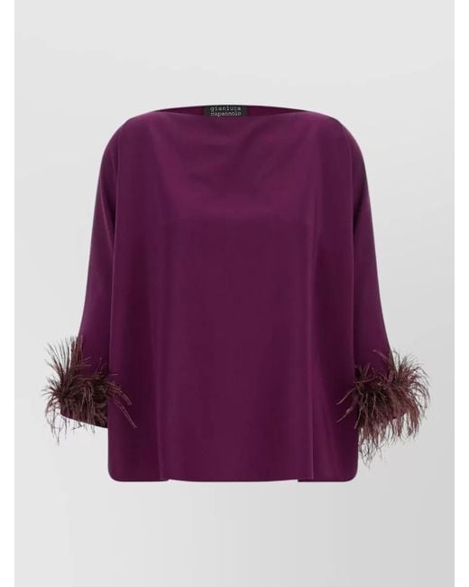 Gianluca Capannolo Purple Laura Blouse Boat Neck Feather Detail
