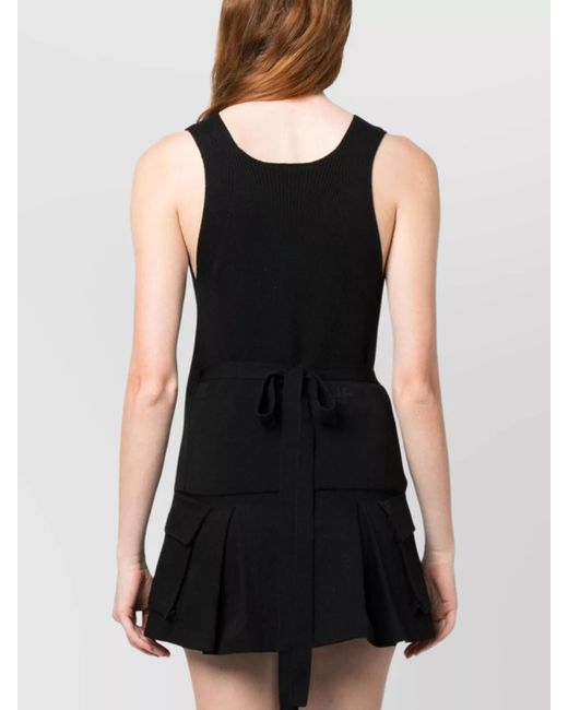 Patou Black Merino Wool Ribbed Wrap V-Neck Sleeveless Top