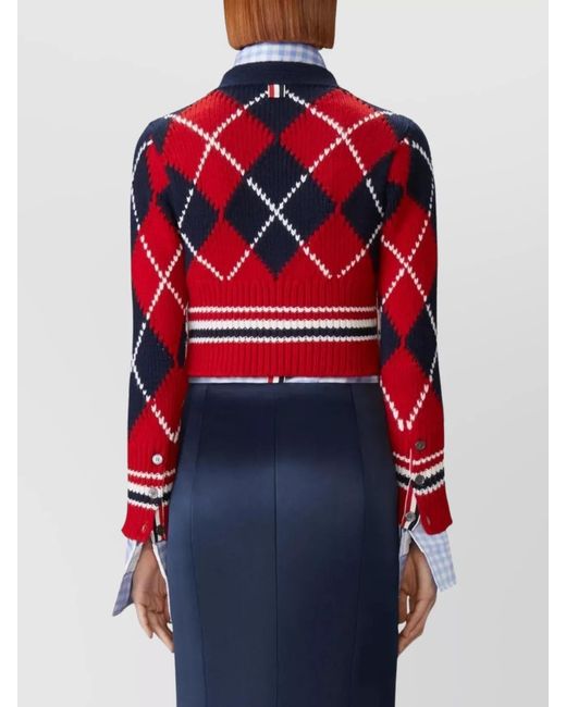 Thom Browne Red Chunky Wool Argyle V-Neck Cardigan