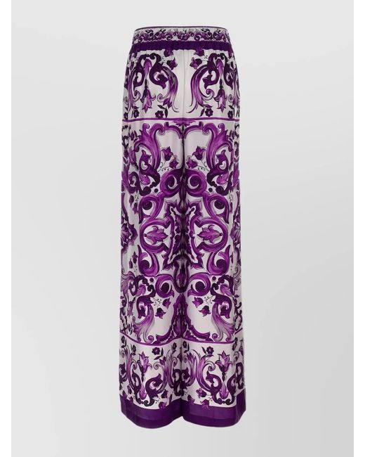 Dolce & Gabbana Purple Majolica Print High Rise Wide Leg Pants