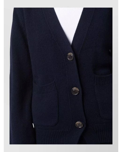Lisa Yang Blue Cashmere Ribbed V-Neck Cardigan
