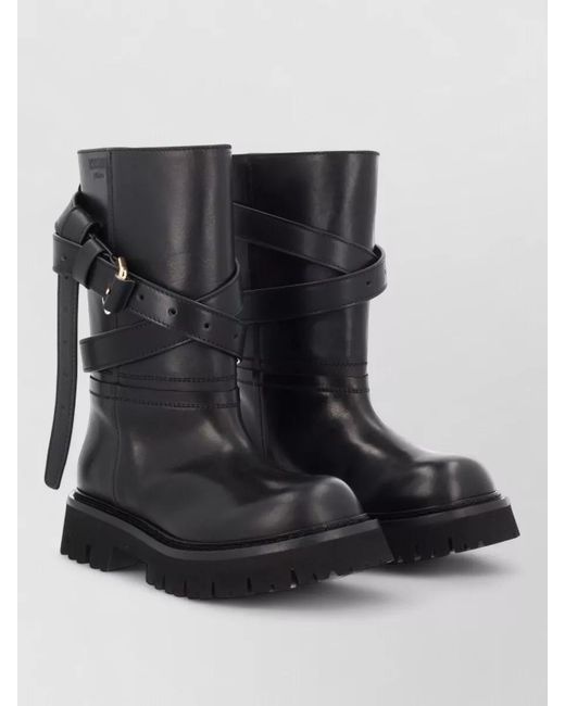 Moschino Black Buckle-Strap Leather Boots