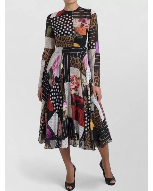 Dolce & Gabbana White Silk Patchwork Floral Polka Dot Leopard-Print Midi Dress