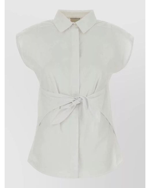 Calvin Klein White Poplin Shirt Cap Sleeves Tie Waist