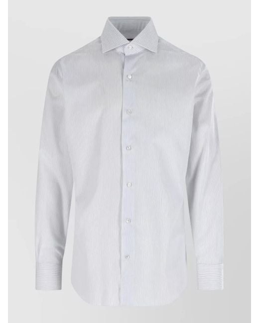 Barba Napoli White Striped Button Down Collar Long Sleeve Shirt for men