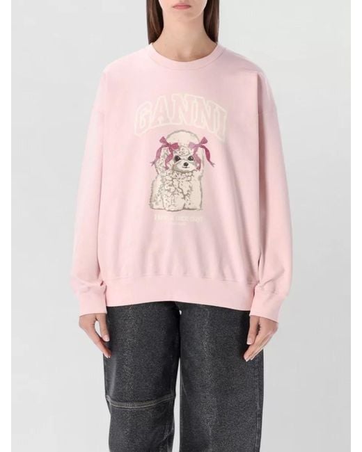 Ganni Pink Cotton Relaxed-Fit Crewneck Sweatshirt