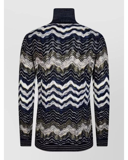 Missoni Blue Zigzag Knit Polo Long Sleeve Top