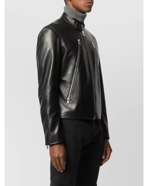 Maison Margiela Black Leather Zippered Pockets Mock Neck Jacket for men